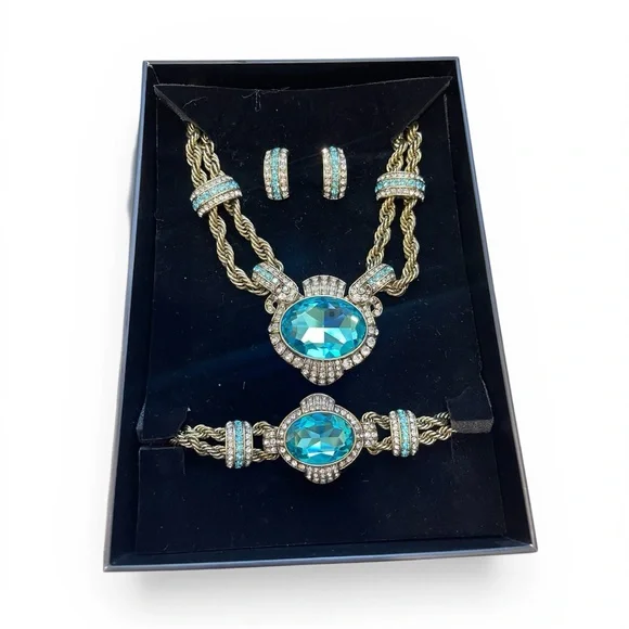 Heidi Daus Gold-Tone Teal Crystal Necklace, Bracelet & Earring Set - Picture 1 of 5